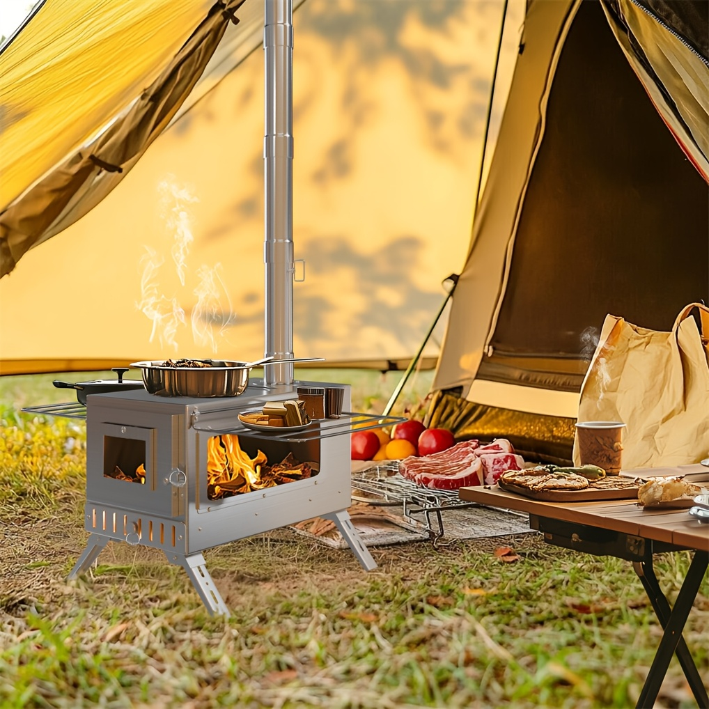 Wood Burning Stove Portable Camping Tent Stove with 7 Detachable Chimney Pipes, Stainless Steel, Adjustable Height, Fire-Resistant Window, Ash Tool & Carry Bag