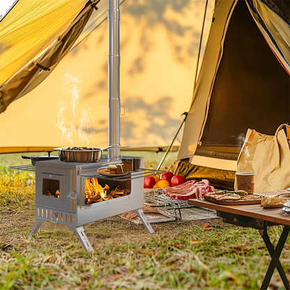 Wood Burning Stove Portable Camping Tent Stove with 7 Detachable Chimney Pipes, Stainless Steel, Adjustable Height, Fire-Resistant Window, Ash Tool & Carry Bag