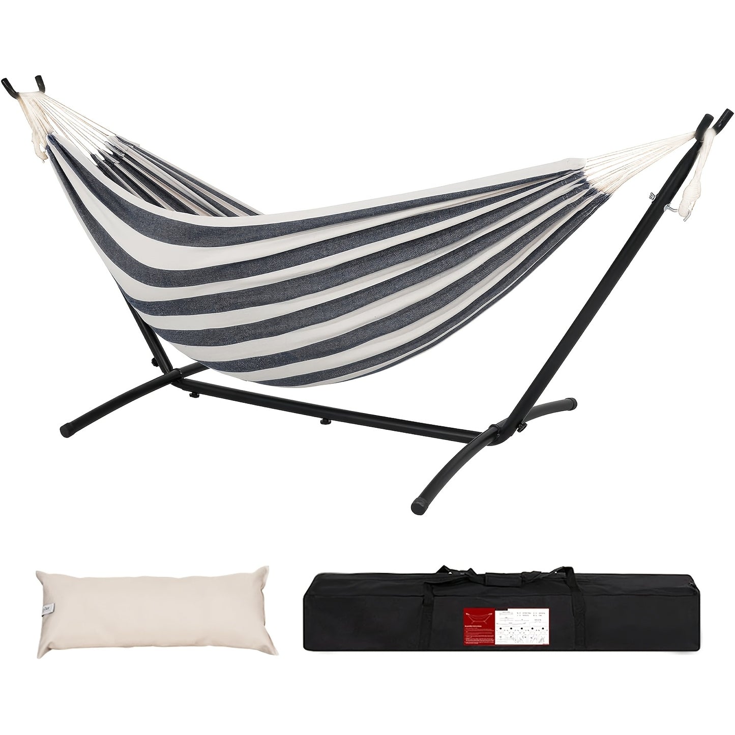 Double Hammock with Steel Stand 450 lbs Heavy Duty Portable Outdoor Indoor Carry Case Head Pillow No Assembly Camping Patio Backyard Multiple Colors