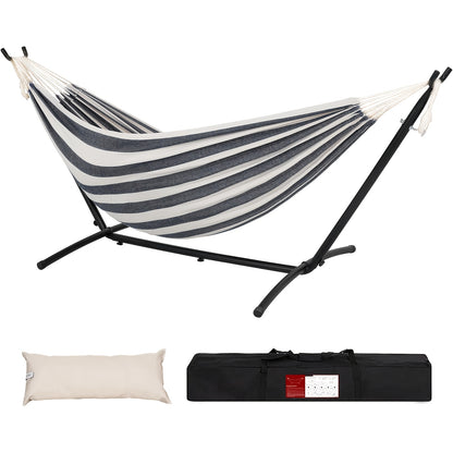 Double Hammock with Steel Stand 450 lbs Heavy Duty Portable Outdoor Indoor Carry Case Head Pillow No Assembly Camping Patio Backyard Multiple Colors