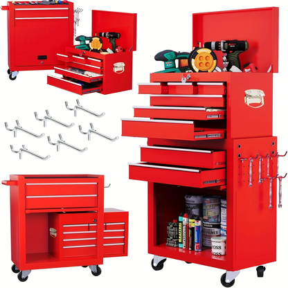 Rolling Tool Chest 8-Drawer Alloy Steel 2-in-1 Mobile Workbench Detachable Top Lockable Wheels Garage Storage Cabinet Tool Organizer for Workshop Home