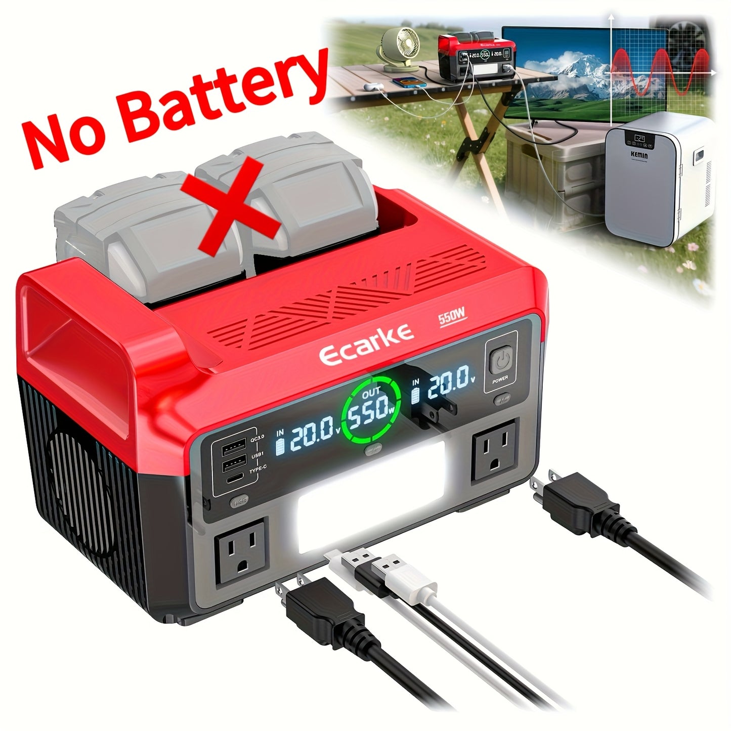 Pure Sine Wave Inverter 550W for 18V Battery - DC 18V to AC 110V, 2×USB-C 20W Fast Charge, 2×USB-A, 2×AC Outlets, 600LM 3-Level LED Light, Camping & Emergency Power (Bare Tool)