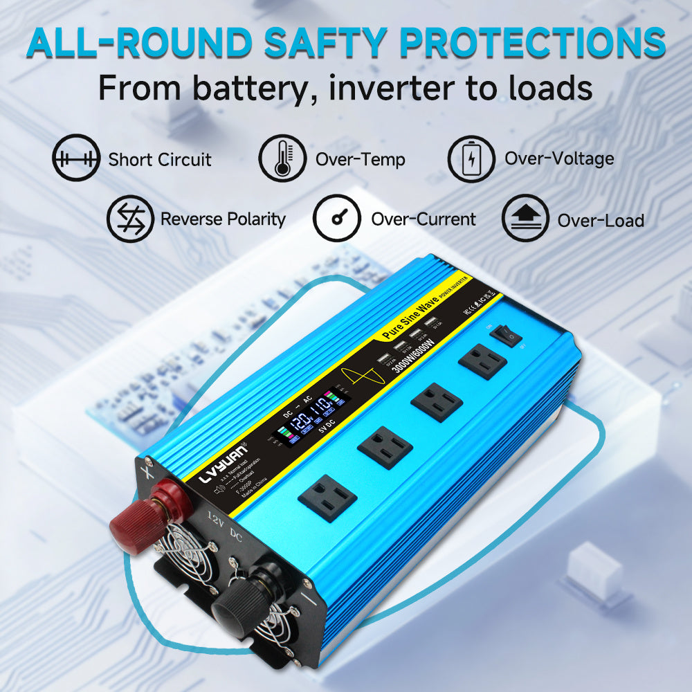 Pure Sine Wave Inverter 3000W 6000W Peak DC 12V 24V to AC 110V with LCD Display 4 AC Outlets Wireless Remote Control for RV Truck Vehicle Camping Home Backup