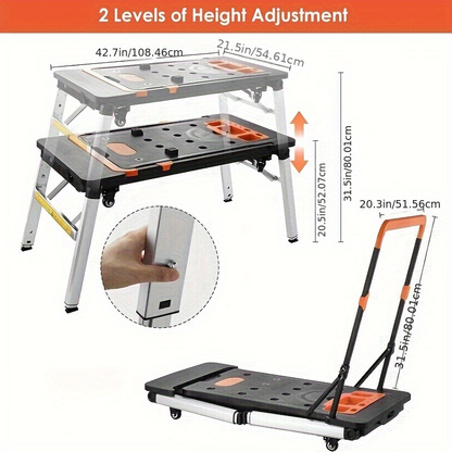 7in 1 Multifunctional Work Benches, Folding Work Table for Garage, As Portable Workbench, Sawhorse, Scaffold, Platform, Car Creeper, Dolly And Hand Truck, with 4 Wheels, Perfect Gift for Father's Day, Requires No Assembly