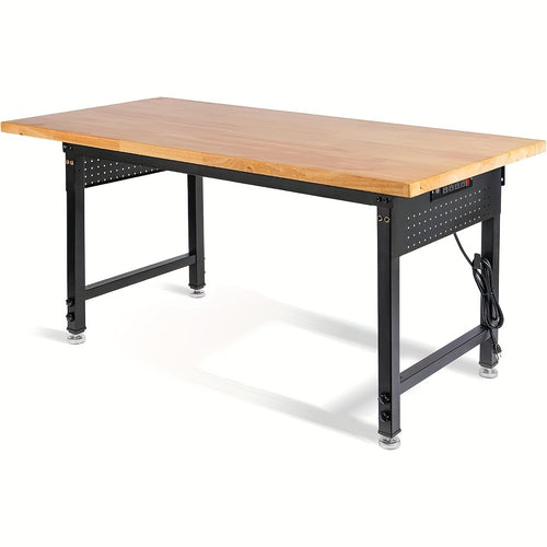Heavy Duty Workbench Adjustable Height 28"-40", 2000LBS Capacity with ETL Power Outlet, Pegboard & Rubber Wood Top, 60"/96" Garage Workshop Bench