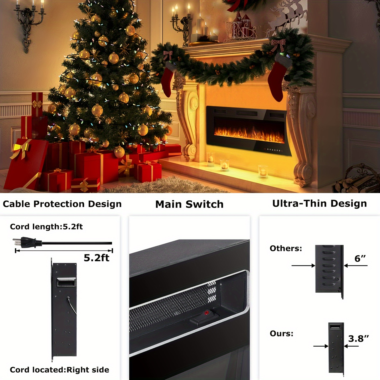 Wall Mounted Electric Fireplace Recessed In-Wall Linear Heater Multicolor Flame 750W/1500W Touch Screen Remote Timer Low Noise 30-60 Inch