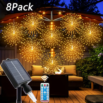 Meteor Shower Rain Lights Outdoor, 480 LED Solar Starburst Ball Lights 8 Tubes with Remote & Timer, IP44 Waterproof Falling Rain Drop Icicle String Lights for Christmas Tree Garden Party Wedding Decor