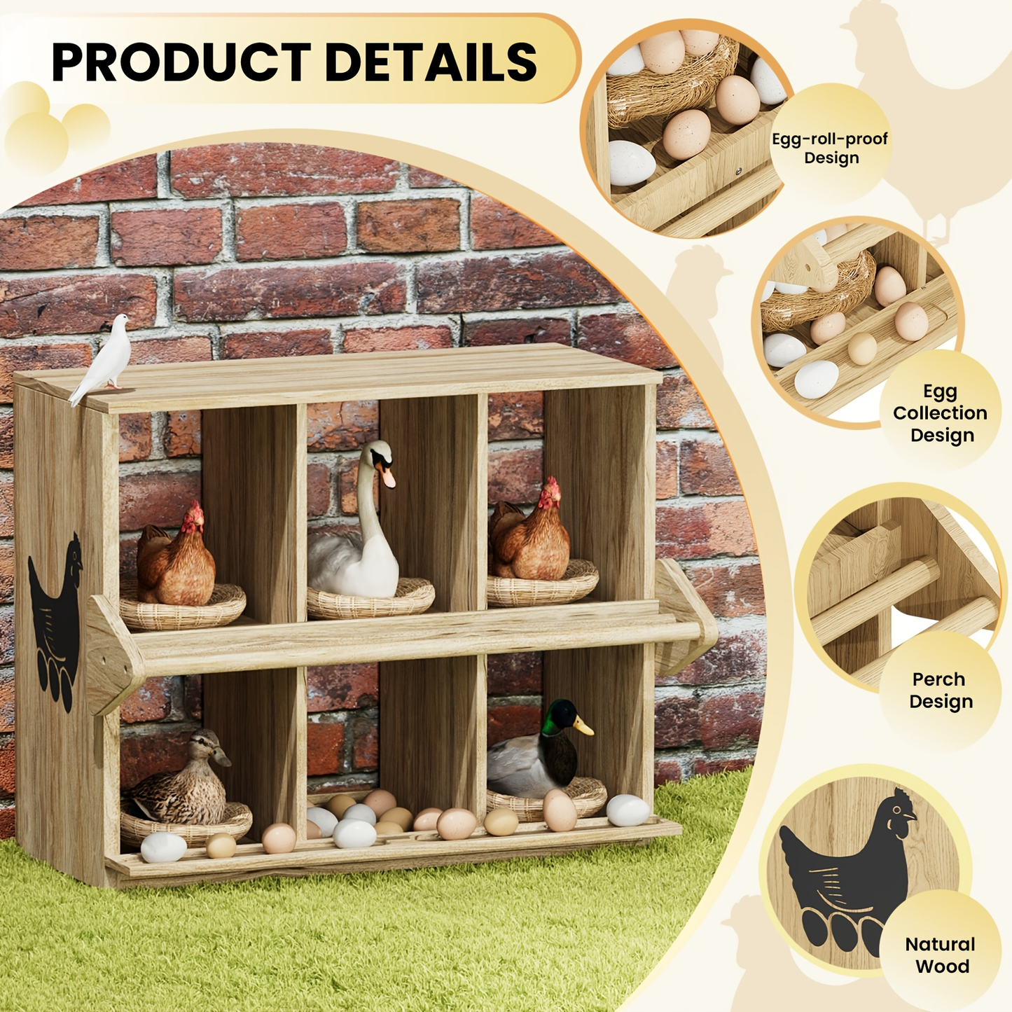 Chicken Nesting Box 6 Compartment Wooden Hen House with Perches - Floor Stand & Wall Mount Options, Durable Poultry Nesting Box for Small & Medium Chickens