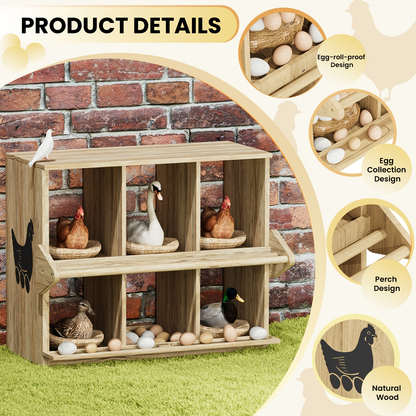 Chicken Nesting Box 6 Compartment Wooden Hen House with Perches - Floor Stand & Wall Mount Options, Durable Poultry Nesting Box for Small & Medium Chickens