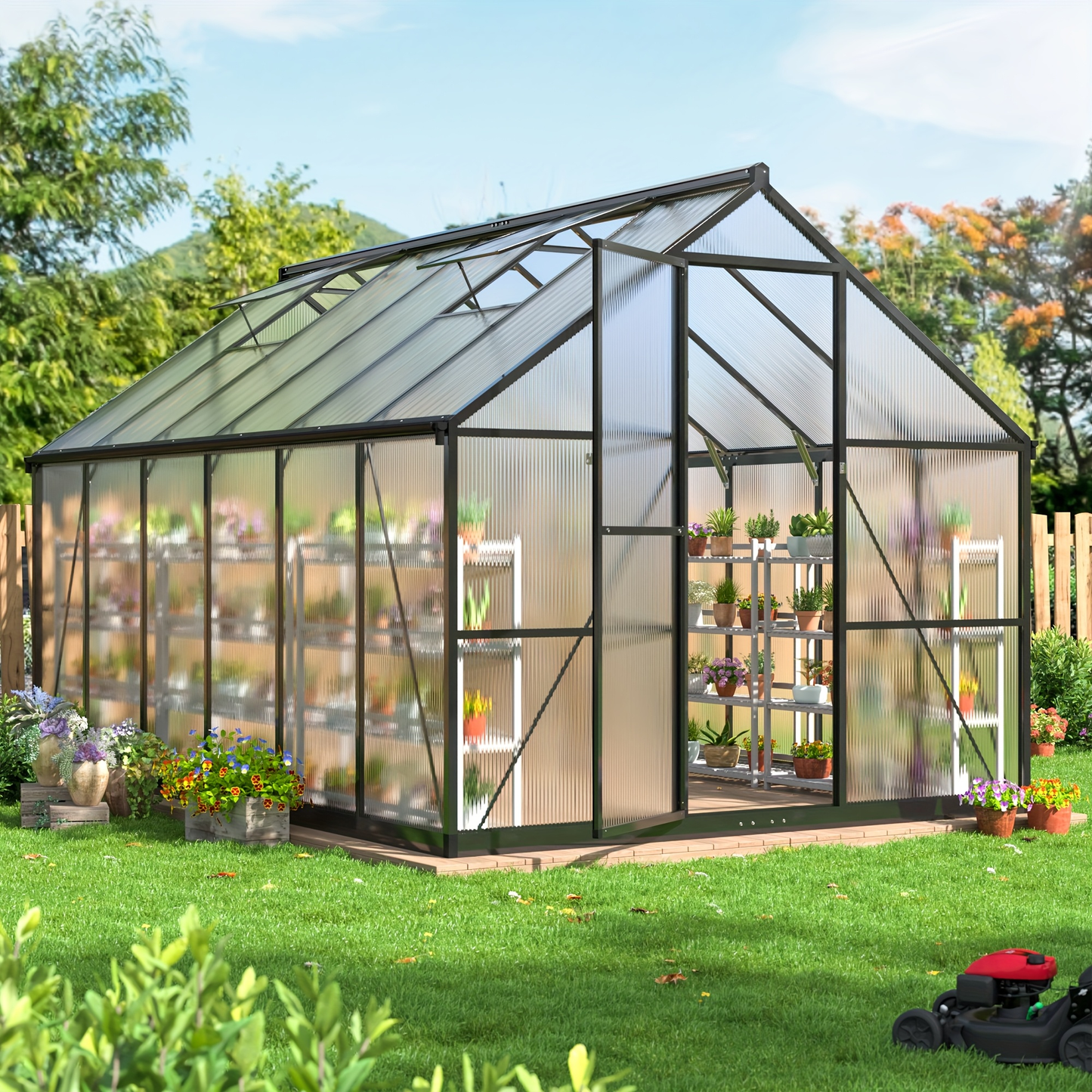 Polycarbonate Greenhouse Walk-In Aluminum Frame 720g PC Panels, 90% UV Protection, 5-Speed Roof Vents & Lockable Door for Backyard Year-Round Gardening, Multiple Sizes