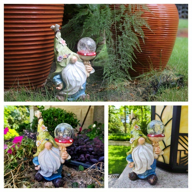 Solar Garden Gnome Statue with LED Magical Ball Light Outdoor Resin Dwarf Sculpture IP44 Waterproof Spring Yard Patio Decor Housewarming Gift