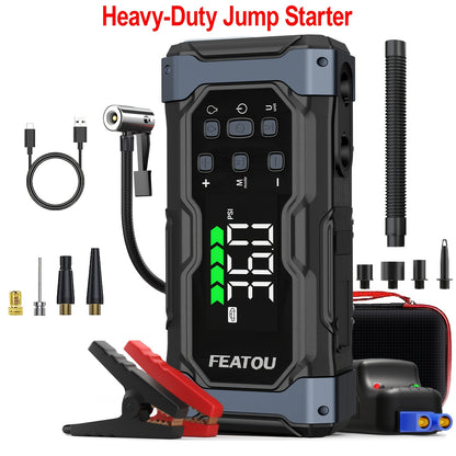 Heavy Duty Jump Starter 20000mAh 9-in-1 with Air Compressor Tire Inflator for All Gas 3.7gal Diesel Large SUV Pickup 12V USB-A USB-C Digital Display