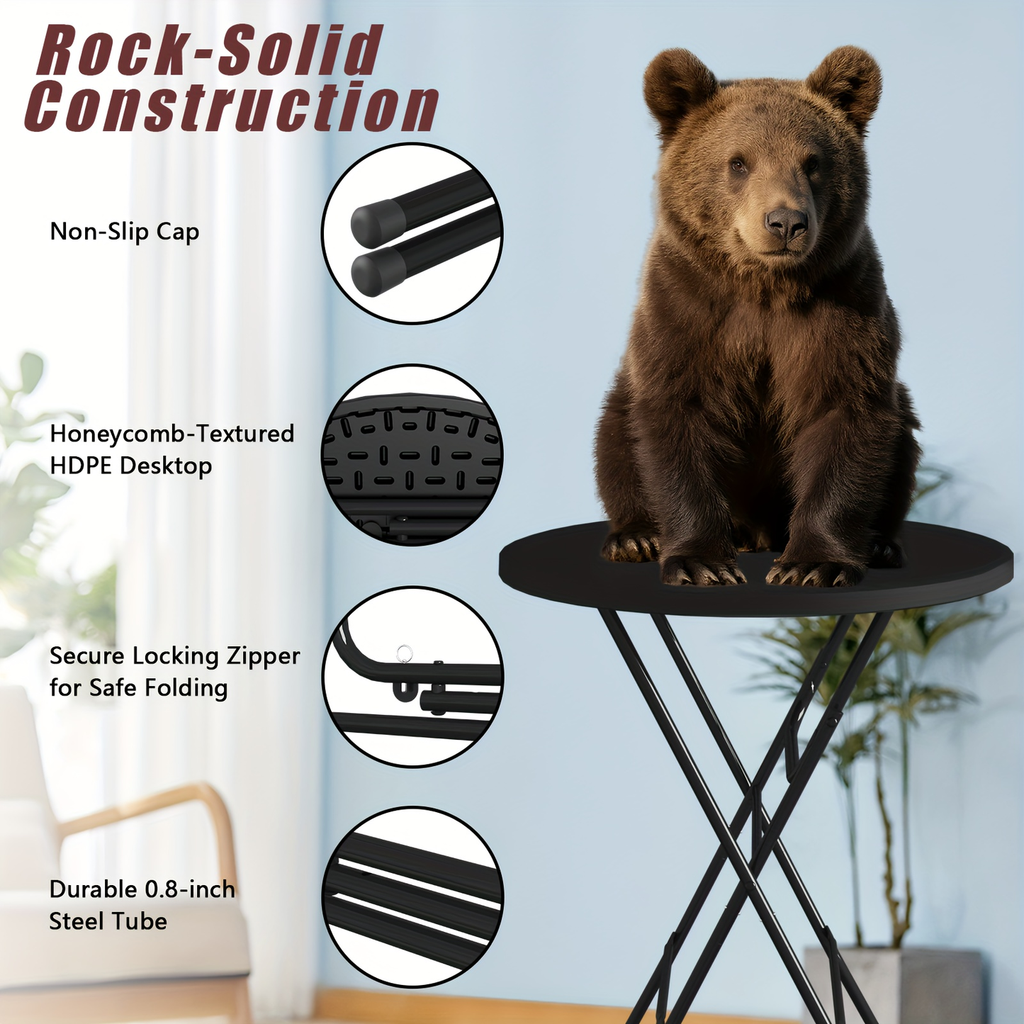 Round Folding Table 32" Bar Height Portable Plastic Top Metal Frame Lockable Legs for Parties, Commercial Events, Indoor & Outdoor Use