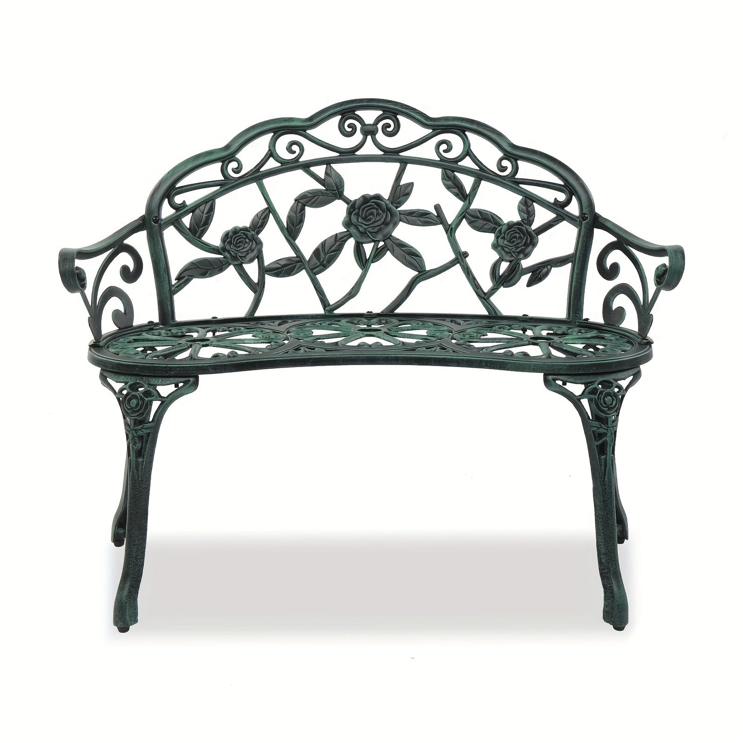 Outdoor Garden Bench Rose Pattern Cast Aluminum Floral Patio Bench with Armrests Vintage Metal Bench for Porch Courtyard Wedding Decor 38.5 Inch