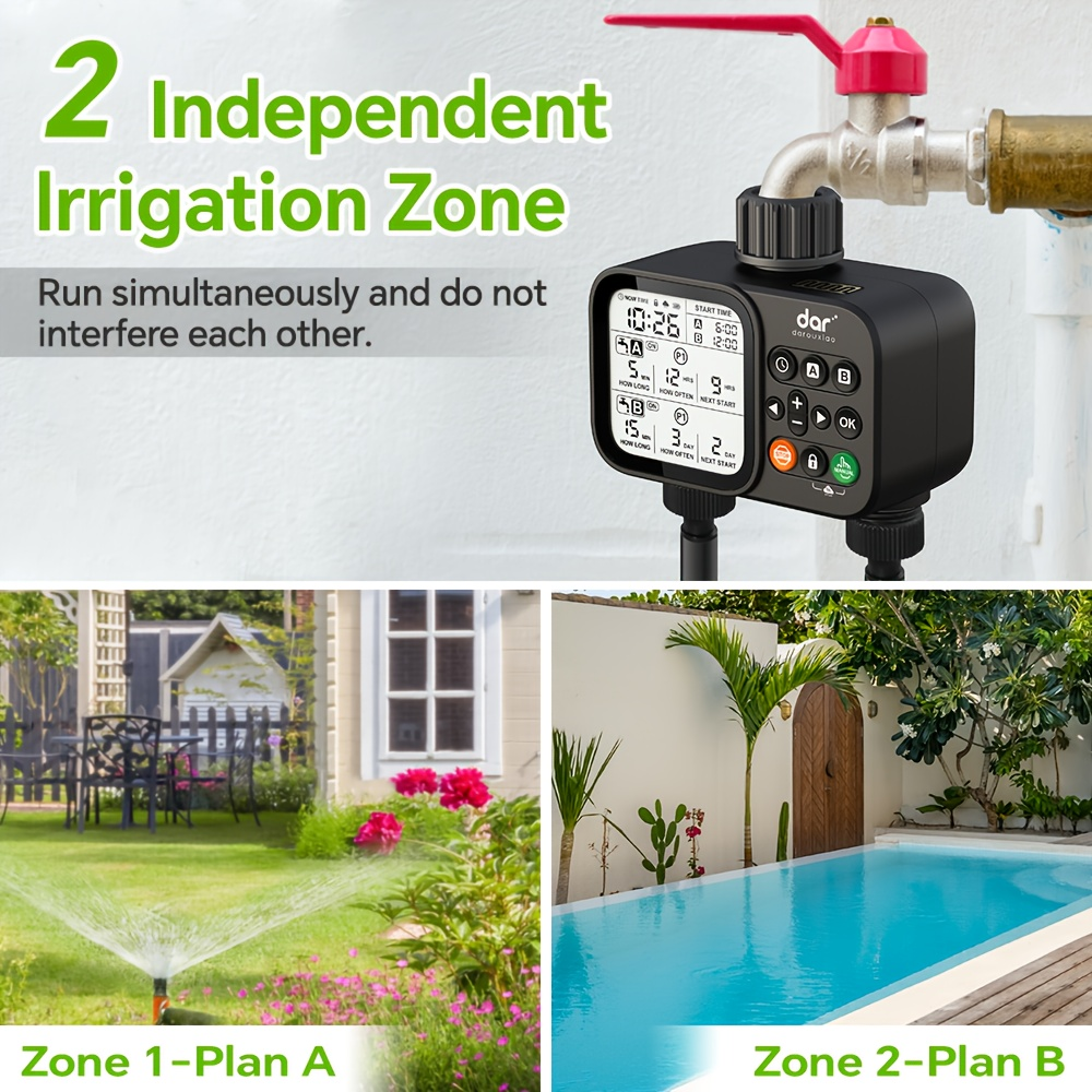 2 Zone Sprinkler Timer Garden Hose Water Timer with Rain Delay Programmable Faucet Controller