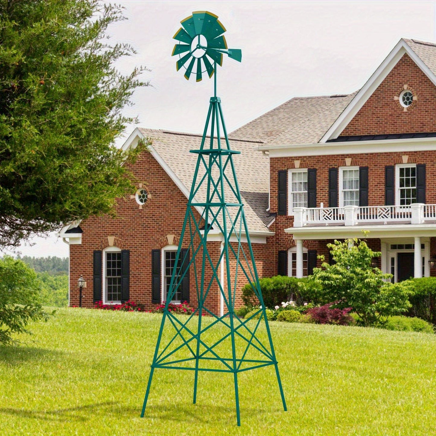 Decorative Windmill 8 ft Metal Outdoor Garden Windmill with Weathervane 4 Ground Stakes All-Weather Rust-Resistant Backyard Farm Lawn Ornament Green Gray Red