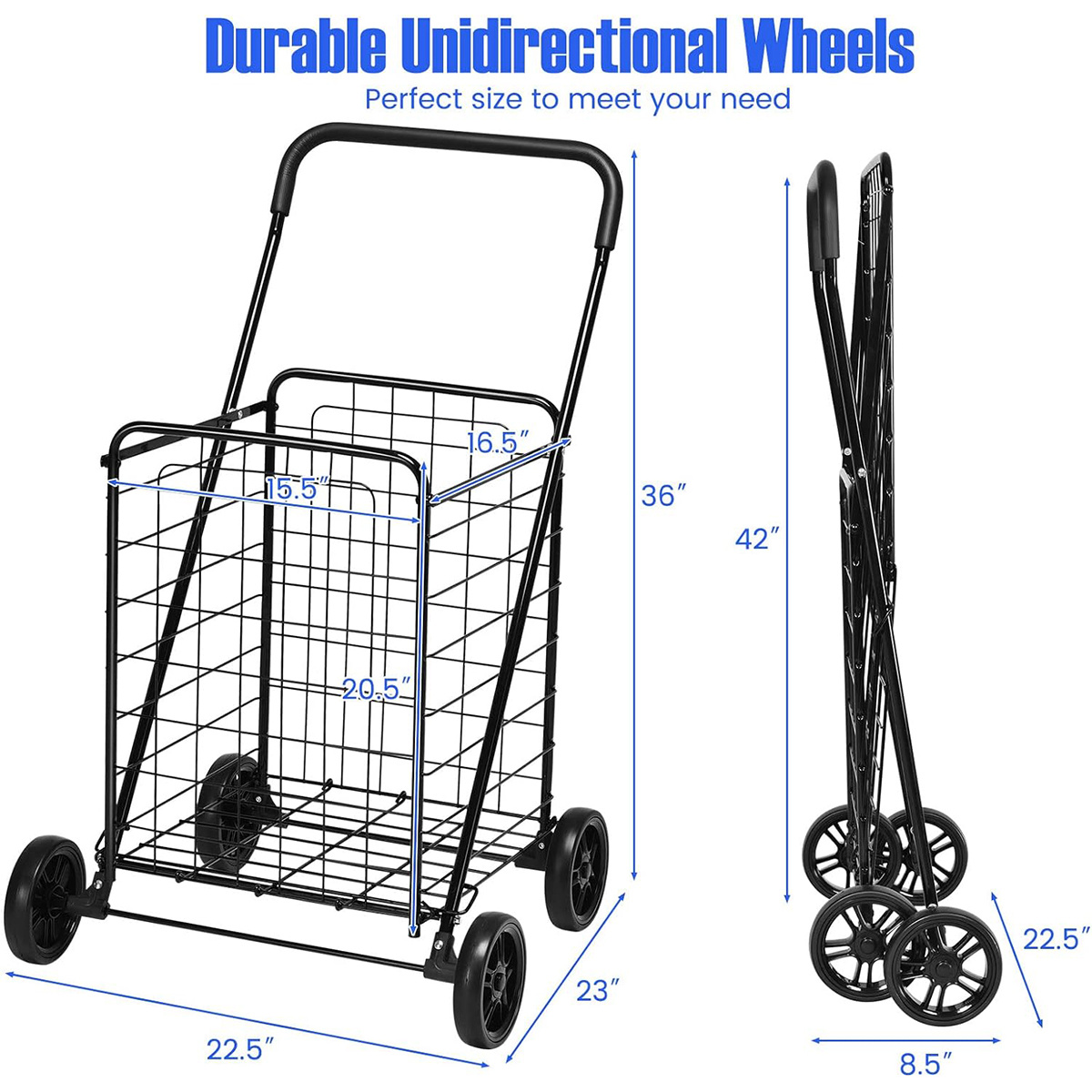 Rolling Shopping Cart Heavy Duty Metal Basket 100 LBS Capacity, Foldable Grocery Utility Cart with Foam Handle Large Wheels 22 Gal for Supermarket Laundry Warehouse