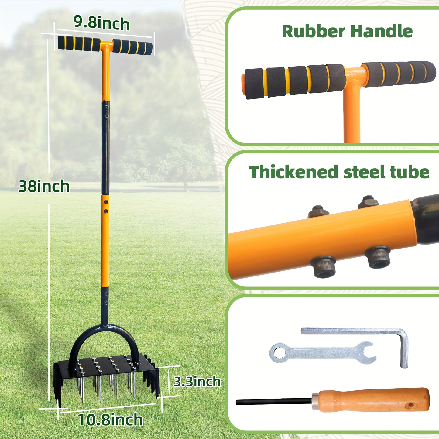 2-in-1 Lawn Aerator 38-Inch Manual Tool with 16 Spikes & 8 Corer Plugs - Dual-Function Spike & Plug Aerator for Garden Grass Aeration, Lawn Thatch Loosening & Yard Care