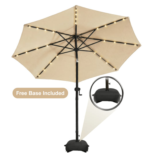Patio Umbrella 9ft Solar LED Lighted with Base, 32 LED Market Umbrella with Ventilation, Push Button Tilt & Crank, Outdoor Table Umbrella for Garden, Deck, Backyard & Pool
