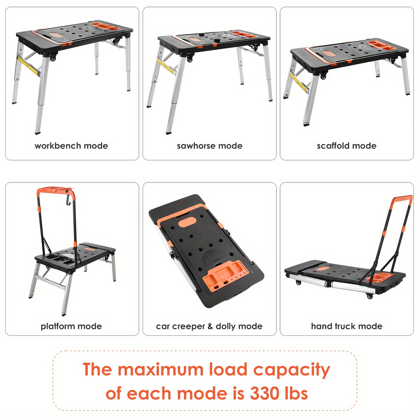 7in 1 Multifunctional Work Benches, Folding Work Table for Garage, As Portable Workbench, Sawhorse, Scaffold, Platform, Car Creeper, Dolly And Hand Truck, with 4 Wheels, Perfect Gift for Father's Day, Requires No Assembly