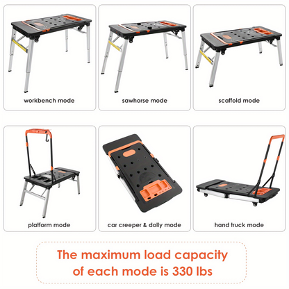 7in 1 Multifunctional Work Benches, Folding Work Table for Garage, As Portable Workbench, Sawhorse, Scaffold, Platform, Car Creeper, Dolly And Hand Truck, with 4 Wheels, Perfect Gift for Father's Day, Requires No Assembly