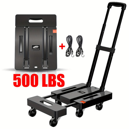 Folding Hand Truck Dolly 500LB Heavy Duty, Collapsible Luggage Cart with 6 Wheels & 2 Elastic Straps for Moving, Travel, Shopping, Office & Warehouse