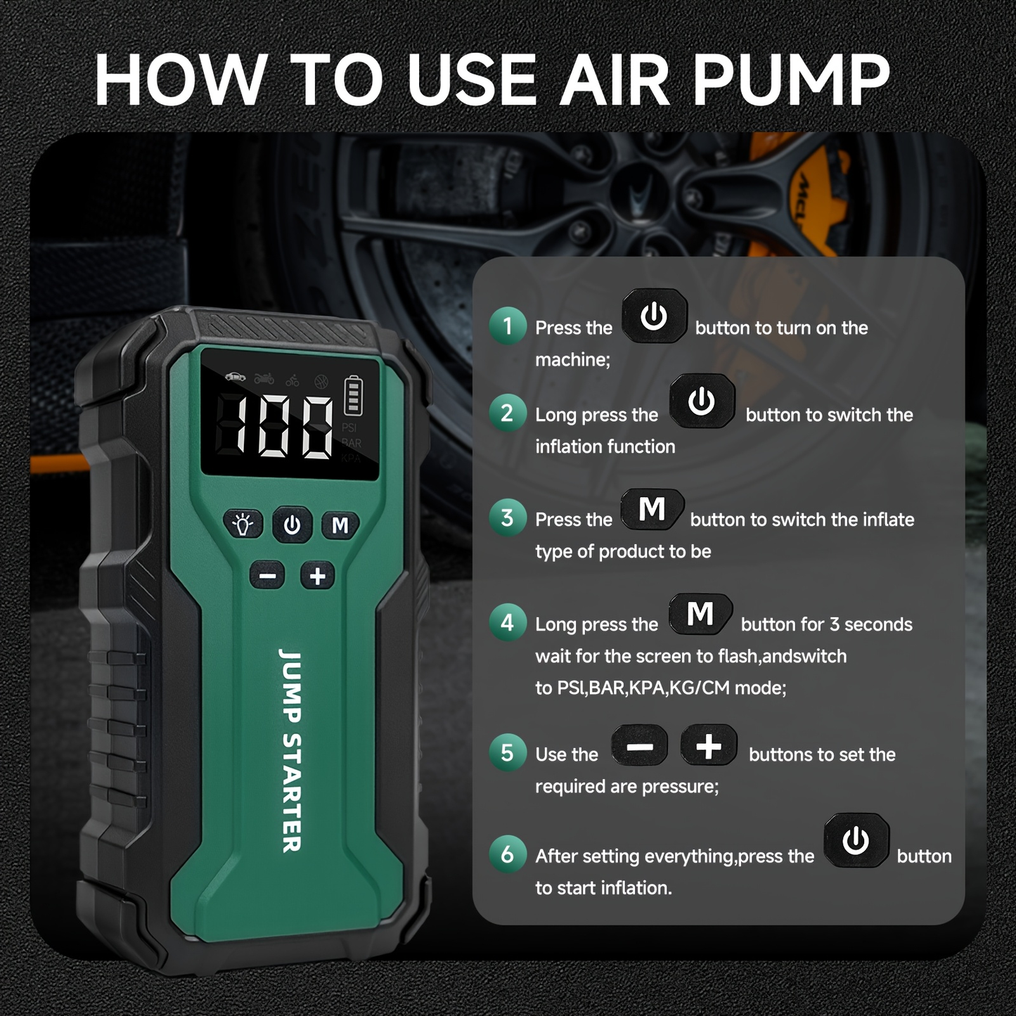 Car Jump Starter 10000A 7-in-1 Portable Battery Booster with Air Pump, Digital Tire Inflator 150PSI, LED Emergency Light for Gas & Diesel Vehicles
