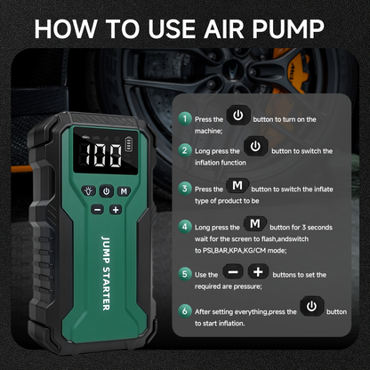 Car Jump Starter 10000A 7-in-1 Portable Battery Booster with Air Pump, Digital Tire Inflator 150PSI, LED Emergency Light for Gas & Diesel Vehicles