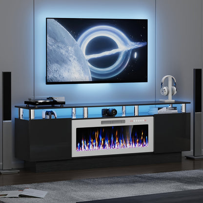 Entertainment Center with Electric Fireplace – 70" Modern TV Stand for TVs Up to 80", 36" LED Flame, High Gloss Cabinet, Multi-Color Options for Living Room