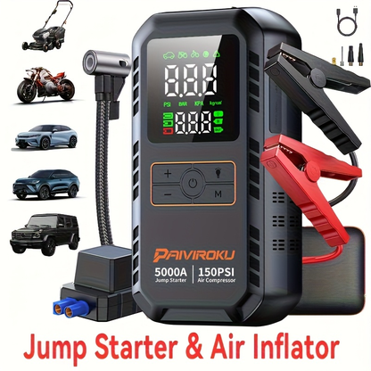 Portable Jump Starter 5000A 7-in-1 with Air Compressor 150PSI, Battery Booster for Car 7.0L Gas/6.0L Diesel, QC3.0 Power Bank, LCD Display & LED Emergency Light