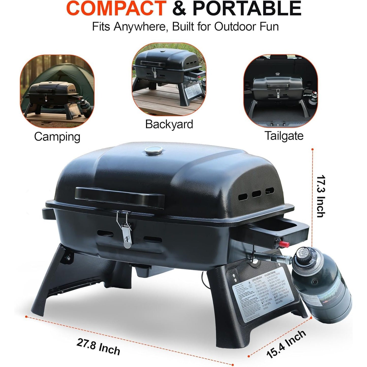 Portable Propane Grill Tabletop, 10000 BTU Single Burner Gas Grill with 239 sq in Porcelain Grates, Foldable Legs, Locking Lid & Built-In Thermometer for Camping, Backyard & Tailgating