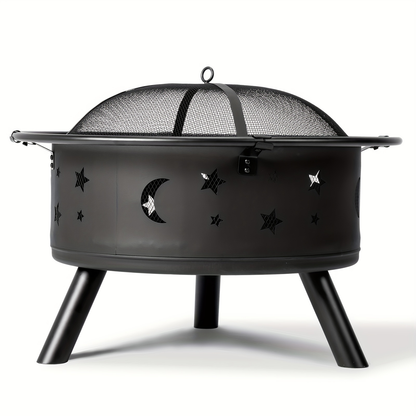 Fire Pit 30 Inch Round Wood Burning Outdoor Backyard Patio Steel Bowl with Spark Screen Mesh Lid Star Moon Cutout Carrying Ring Poker Included Black