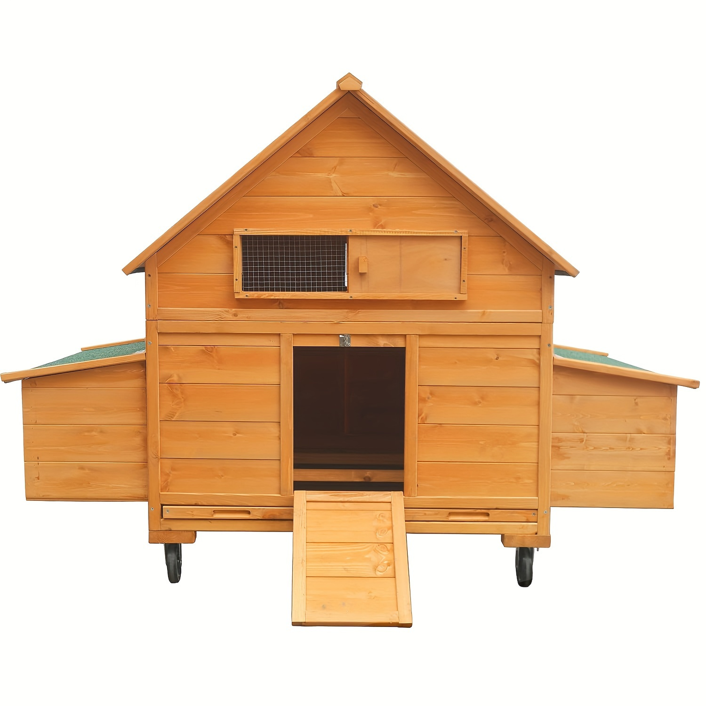 Mobile Chicken Coop with Wheels Large Outdoor Hen House for 6-8 Chickens Waterproof PVC Cover Thickened Fir Wood Double Nesting Box Removable Tray 4 Universal Wheels