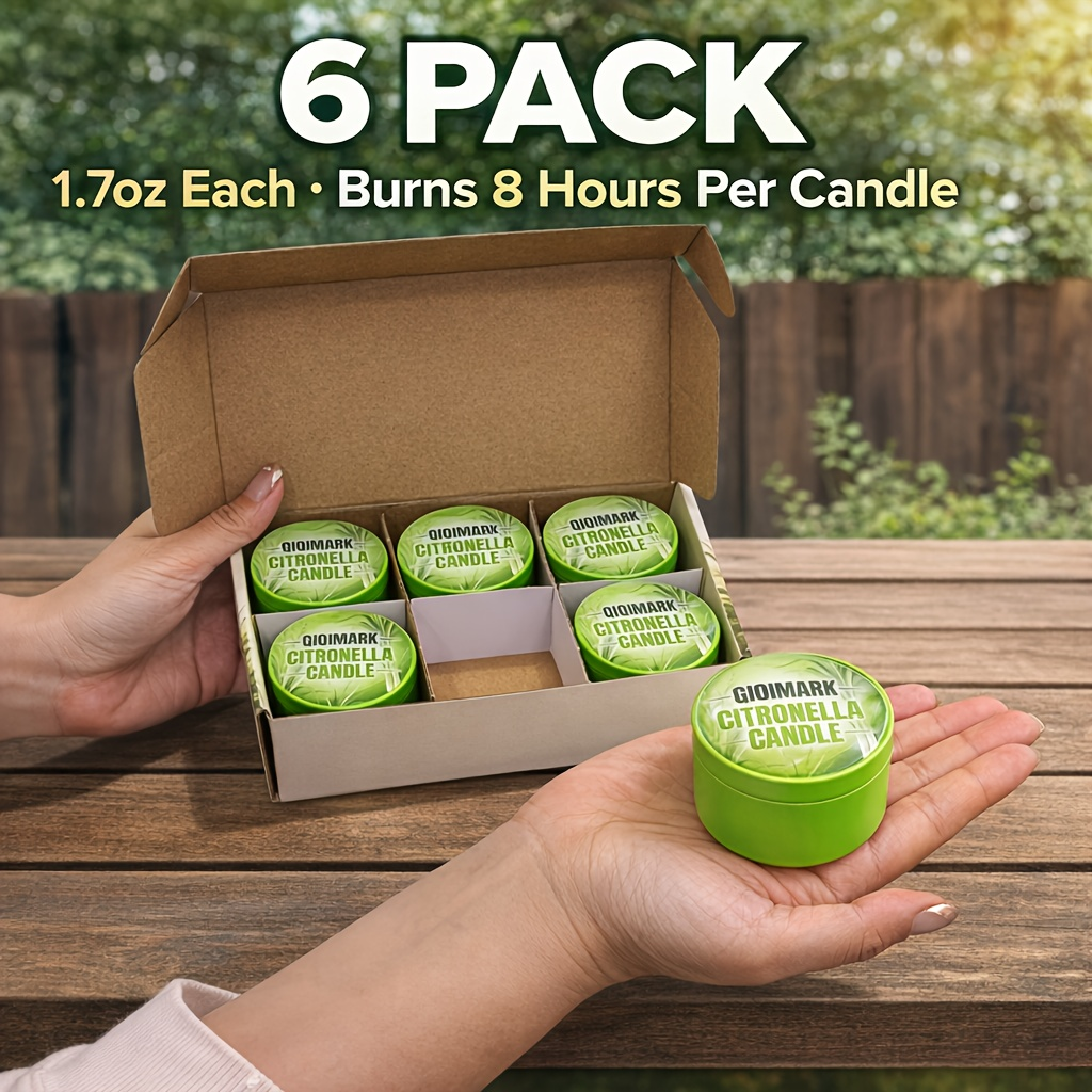 Citronella Candles Outdoor 6 Pack - 1.7 Oz Each, 48-Hour Burn Time, Infused with Citronella Essential Oil for Patio, Backyard, Camping & Picnic Mosquito Repellent