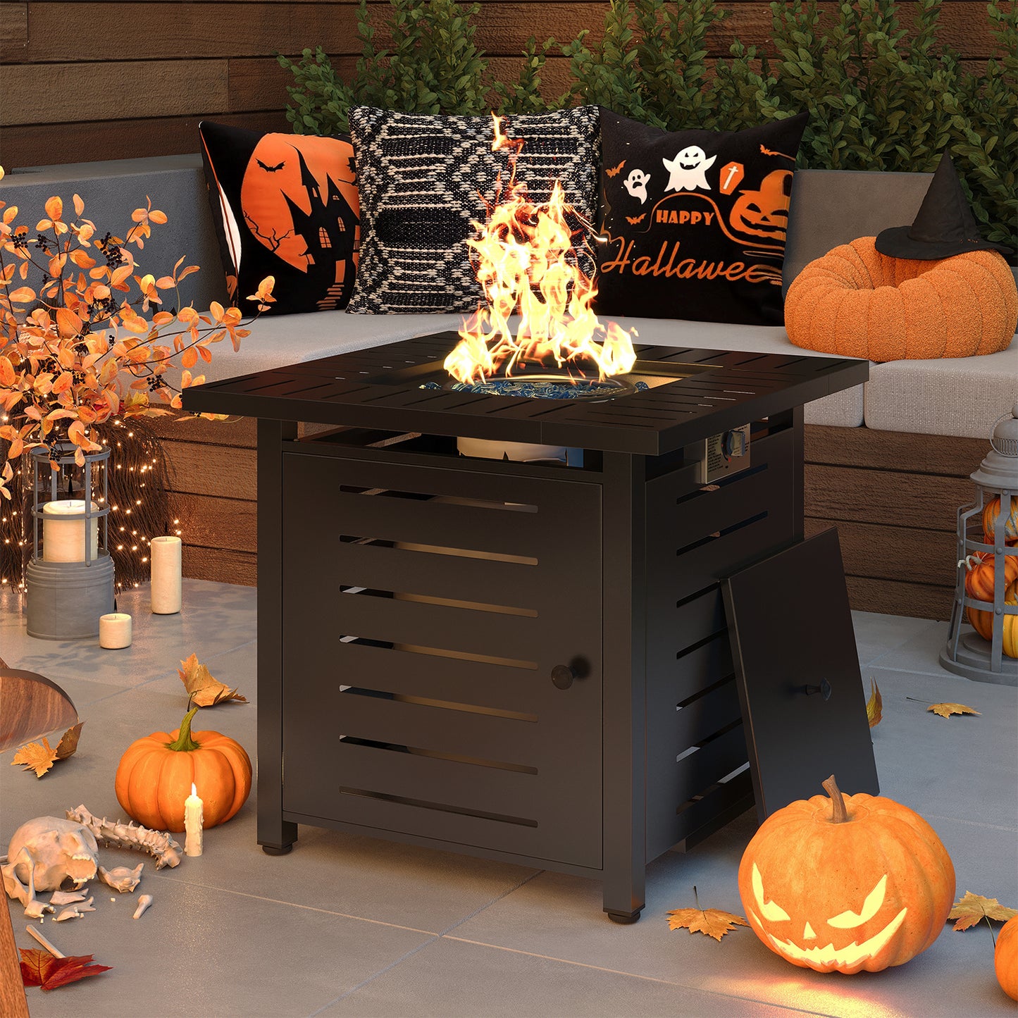 Propane Fire Pit Table Outdoor 50,000 BTU Gas Fire Table with Lid Lava Rocks & Waterproof Cover for Patio Backyard Deck Black Brown 40"/44"
