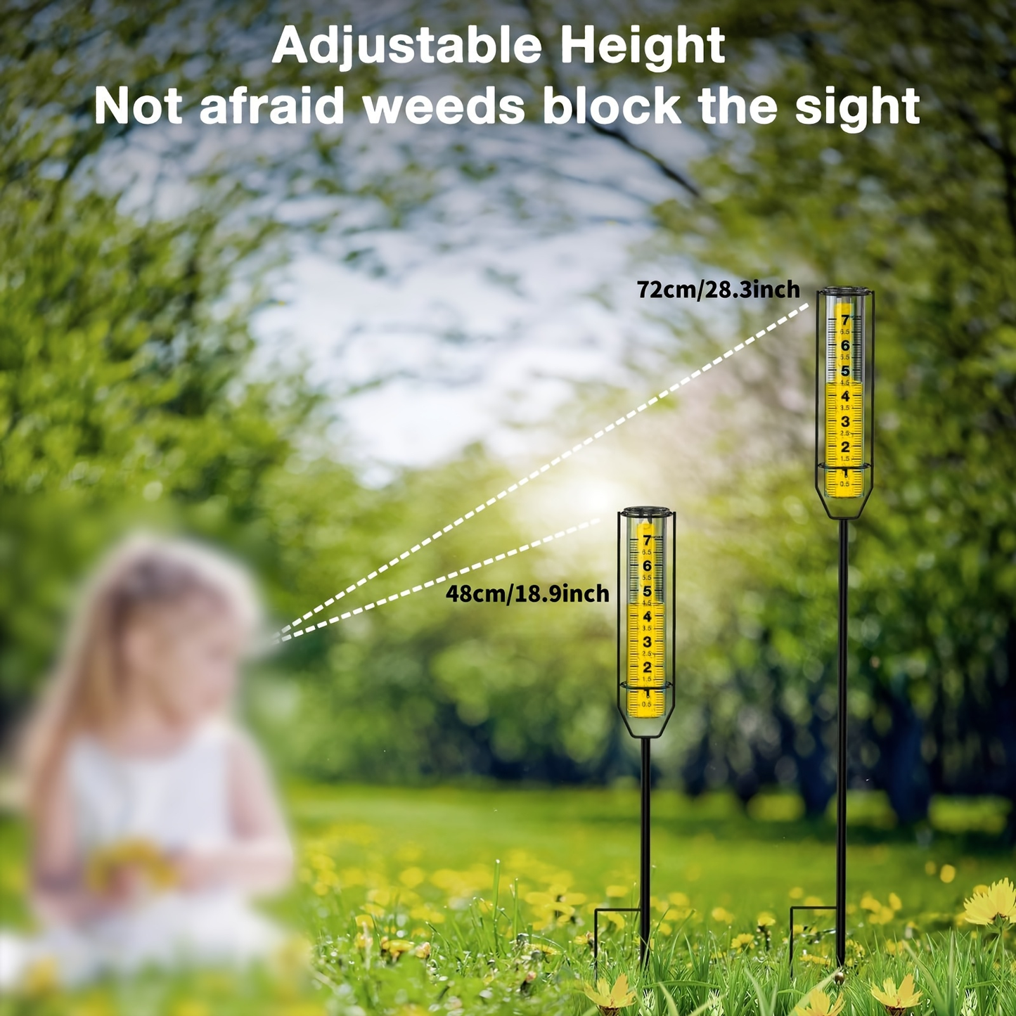 Rain Gauge Outdoor - Large Transparent Freeze-Proof Rain Gauge with Metal Frame, Adjustable Height, Easy-to-Read Measurement for Garden, Lawn & Farm