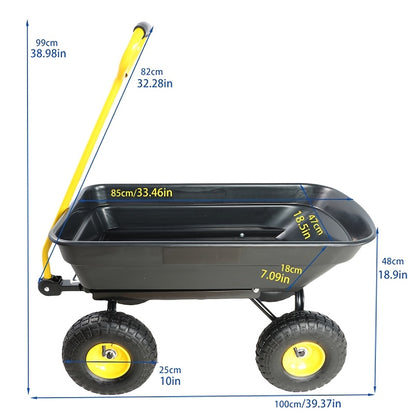 Garden Dump Cart 4-Wheel Heavy Duty Steel Frame Rust-Resistant Poly Bed Quick-Release Dump Feature Foldable D-Handle All-Terrain Yard Wagon for Landscaping Lawn