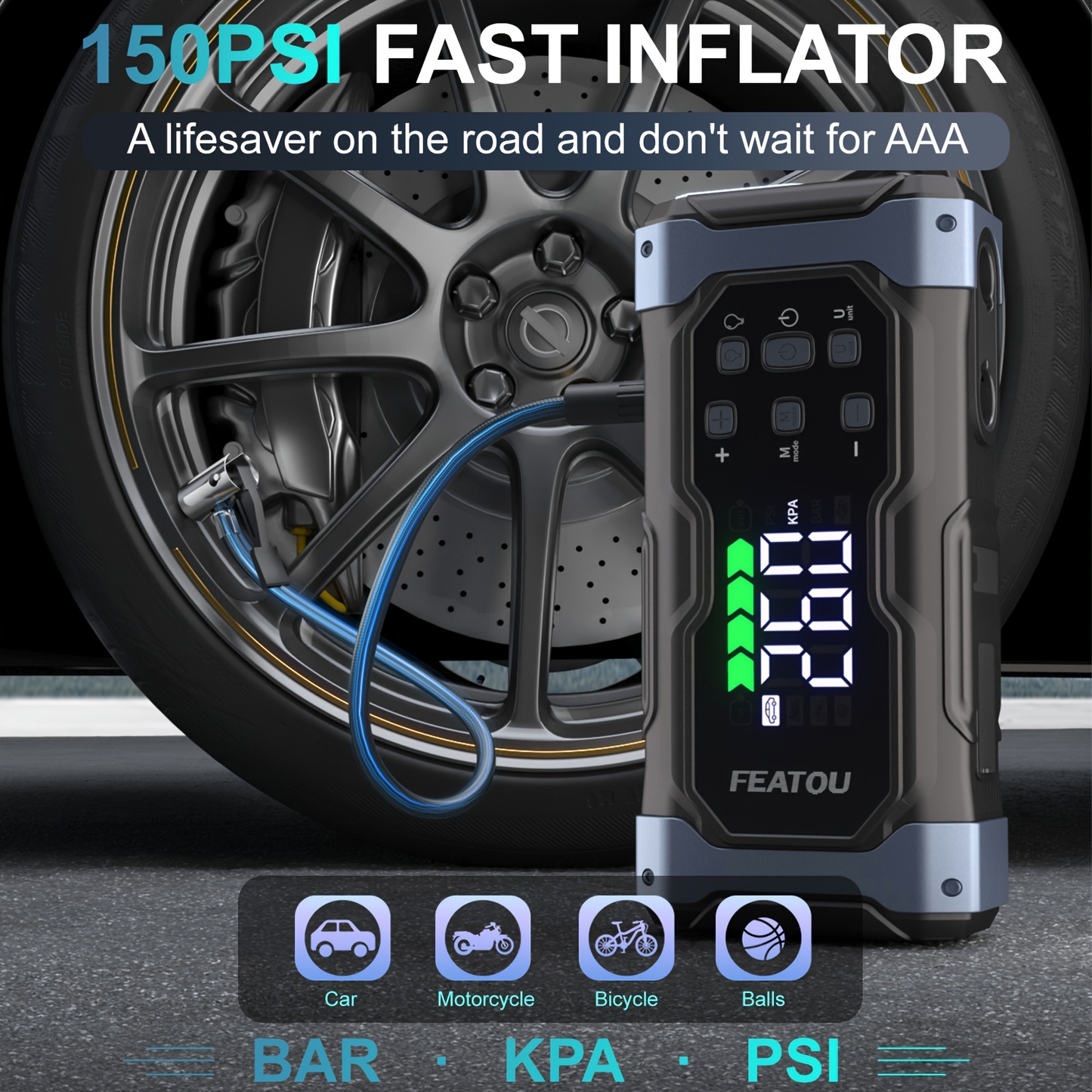 Heavy Duty Jump Starter 20000mAh 9-in-1 with Air Compressor Tire Inflator for All Gas 3.7gal Diesel Large SUV Pickup 12V USB-A USB-C Digital Display