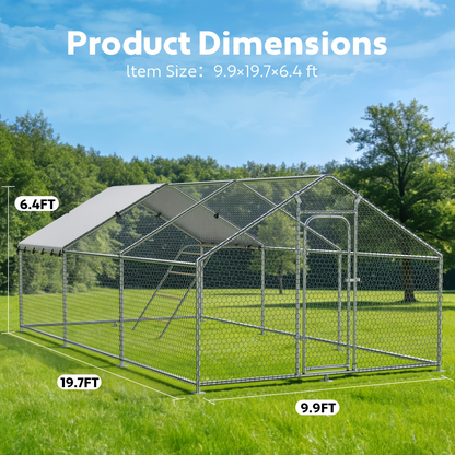 Dog Kennel Outdoor Large Metal Walk-in Chicken Run Pen Poultry Cage with Anti-UV Cover Movable Rack or Dolly 2 Sizes for Farm Backyard Chickens Dogs Rabbits