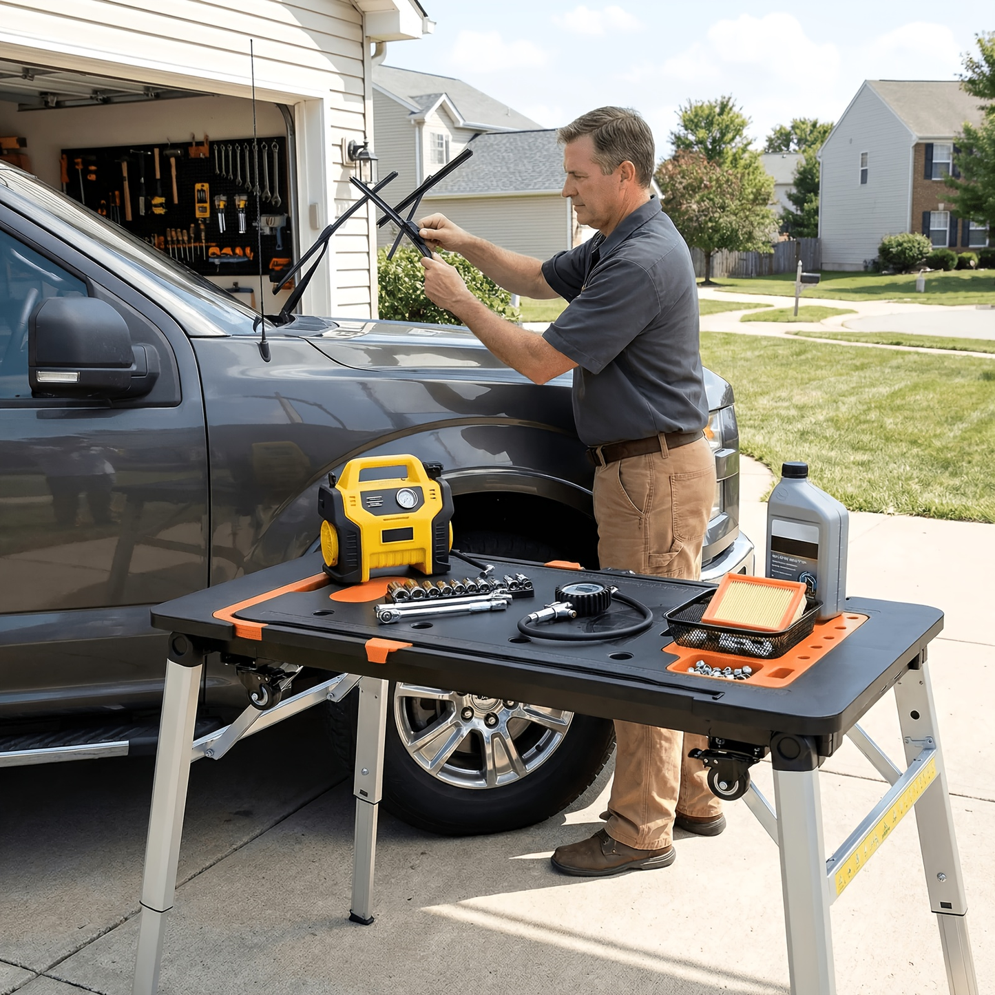 7in 1 Multifunctional Work Benches, Folding Work Table for Garage, As Portable Workbench, Sawhorse, Scaffold, Platform, Car Creeper, Dolly And Hand Truck, with 4 Wheels, Perfect Gift for Father's Day, Requires No Assembly