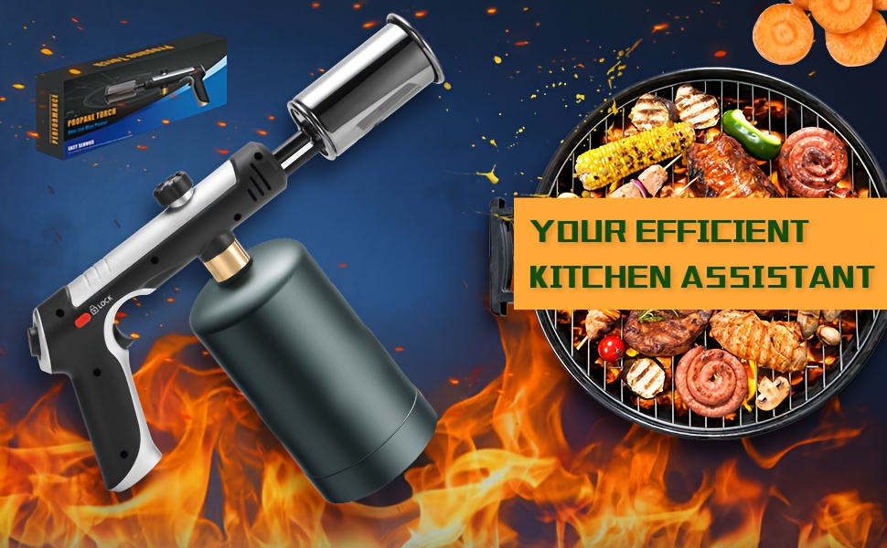 Propane Torch Gun with Safety Lock & One-Touch Max Fire – Adjustable Flame Butane Burner for Searing Steak, BBQ, Caramel, Camping, Welding & Crafts (Gas Not Included)