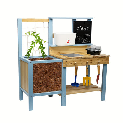 Kids Potting Bench Wooden Outdoor Toy Gardening Center with Planter Box Sink Faucet Blackboard Storage Shelf Garden Pretend Play Workstation for Toddlers Children