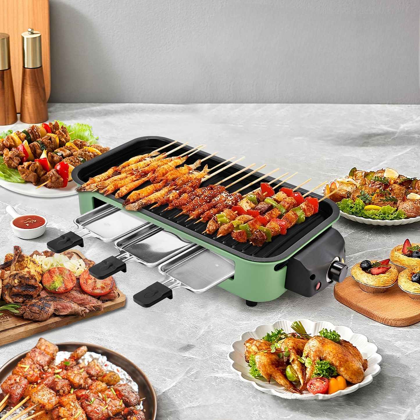 Indoor Electric Smokeless Grill 1700W with Raclette Pans, Non-Stick Dishwasher Safe Plate, Portable Tabletop BBQ Griddle for Couples