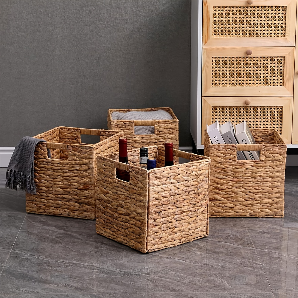 Cube Storage Baskets Foldable – Handwoven Water Hyacinth 11x11 Inch Laundry Organizer Basket with Handles for Cube Shelves, Closet, Bedroom & Living Room, Natural Woven Bin