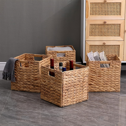 Cube Storage Baskets Foldable – Handwoven Water Hyacinth 11x11 Inch Laundry Organizer Basket with Handles for Cube Shelves, Closet, Bedroom & Living Room, Natural Woven Bin
