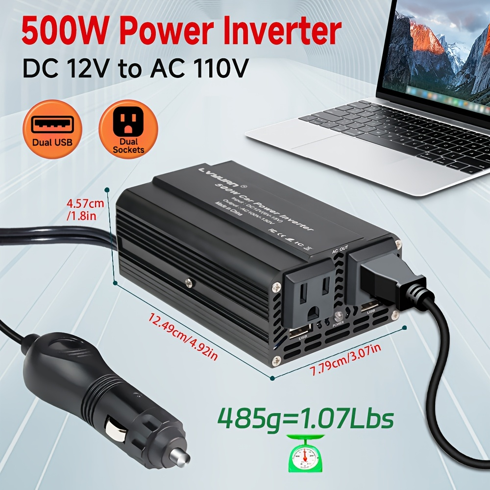 Power Inverter 500W / 2500W 12V DC to 110V AC - 3 AC Outlets & Dual USB Ports, LED Display, Car Inverter for Boat, Vehicle, RV, Truck & Camping Off-Grid Power