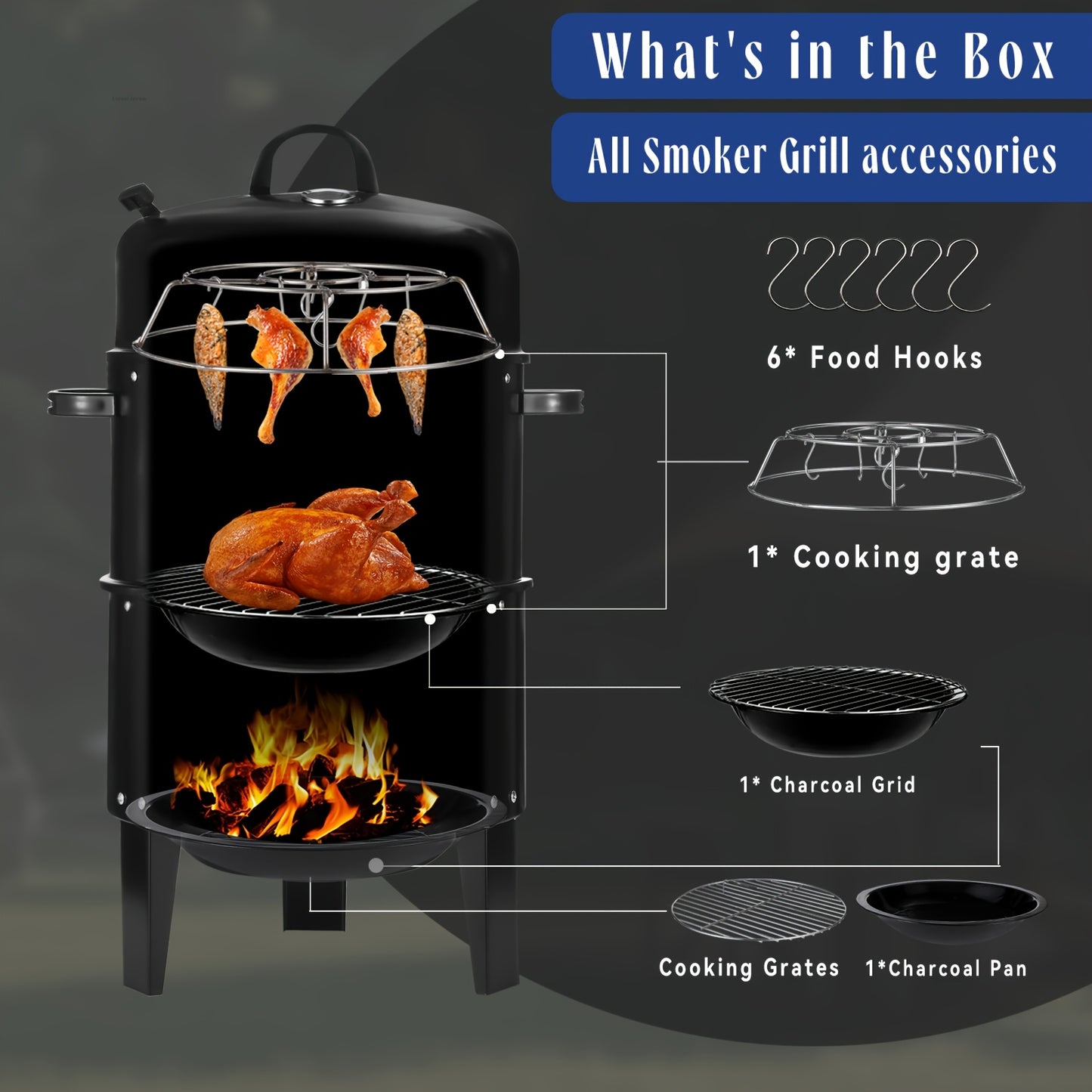Charcoal Smoker Grill 3-in-1 Portable Outdoor BBQ with Built-in Thermometer, Adjustable Height & Spacious Cooking Grate for Camping Backyard Tailgate, Black