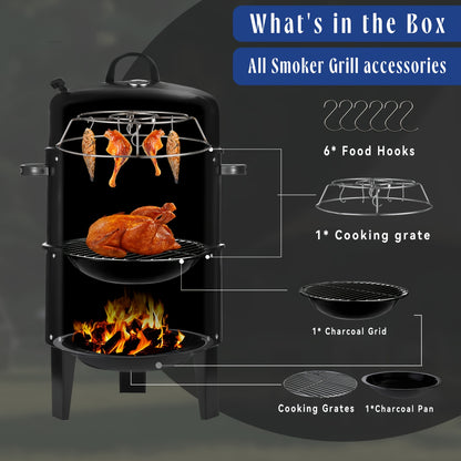 Charcoal Smoker Grill 3-in-1 Portable Outdoor BBQ with Built-in Thermometer, Adjustable Height & Spacious Cooking Grate for Camping Backyard Tailgate, Black