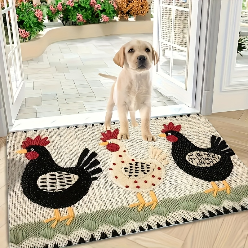Rooster Embroidered Door Mat Indoor Outdoor Non-Woven Washable Rug for Entryway Bathroom Kitchen Porch Plaid Stripe Pattern