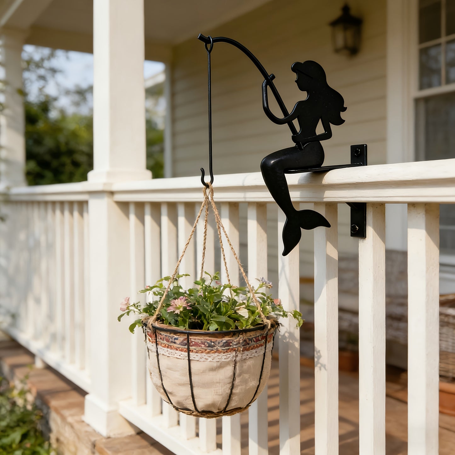 Wall Planter Hanging Iron Art Mermaid Flower Pot Holder for Balcony Vertical Garden - Creative Fisherman Theme Indoor Outdoor Plant Stand Shelf, Boho Wall Decor